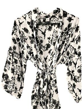 Divided Sheer Black White Tie Waist Top Robe Swim Cover Size XS